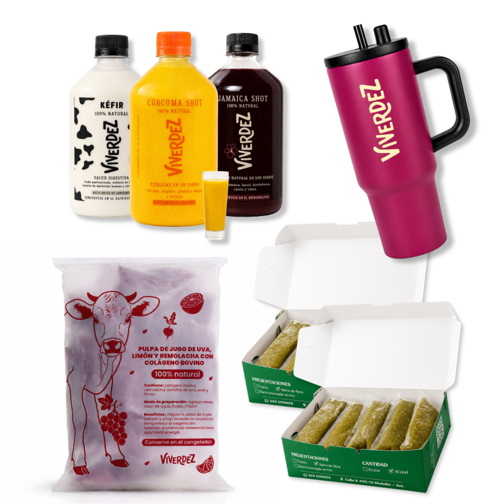 COMBO RESET PRO: 1 Shot de Cúrcuma + 1 copa + 1 Shot de Flor de Jamaica + 1 Kéfir + 30 Jugos Verdes+ 20 Jugos con Colágeno Bovino + 1 termo Viverdez