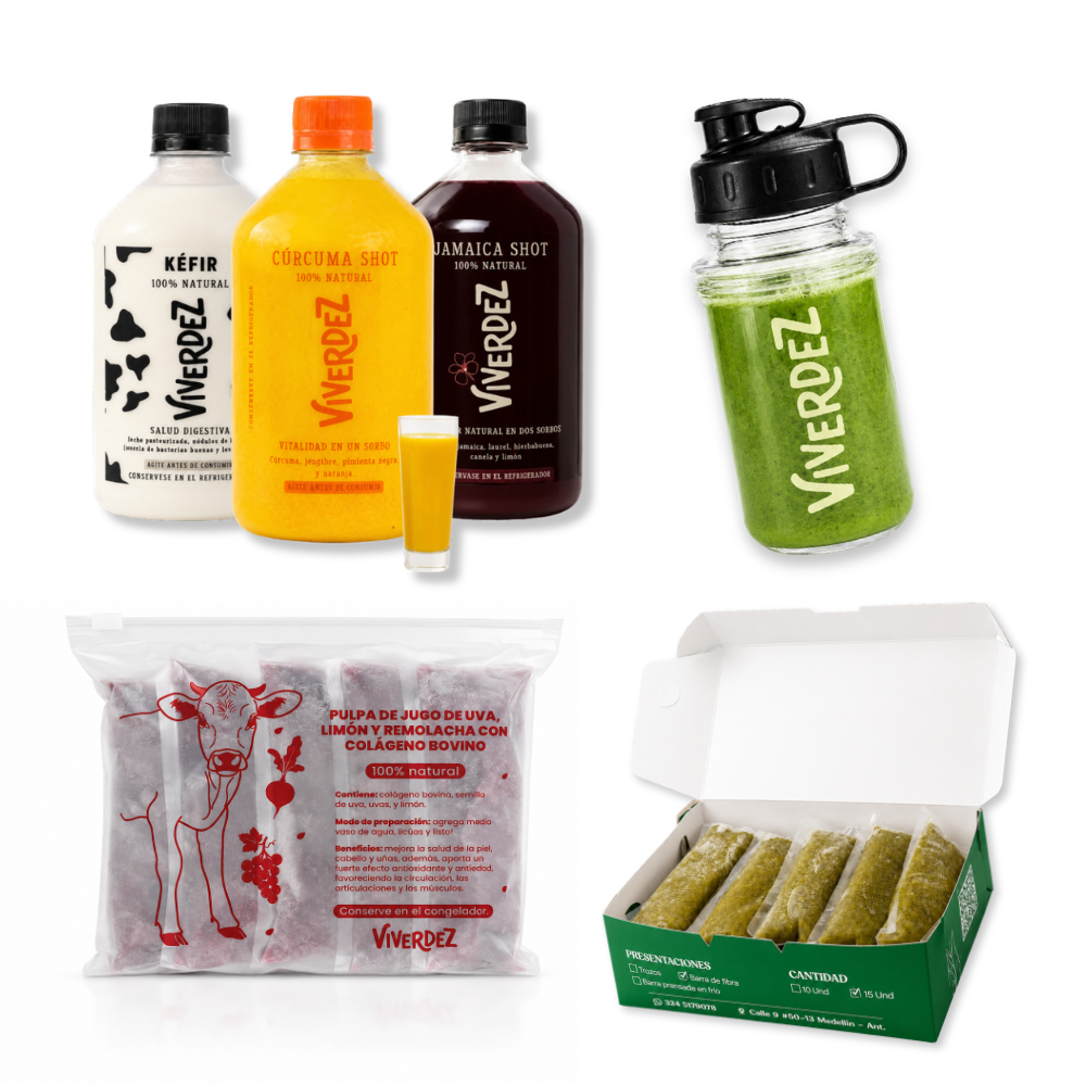 COMBO RESET: 1 Shot de Cúrcuma + 1 copa + 1 Shot de Flor de Jamaica + 1 Kéfir + 15 Jugos Verdes, 10 Jugos con Colágeno Bovino y 1 termo Viverdez