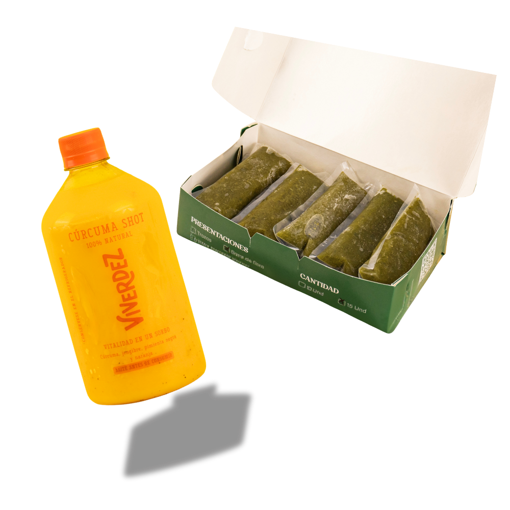 1 shot curcúma + 15 jugos verdes en barrita