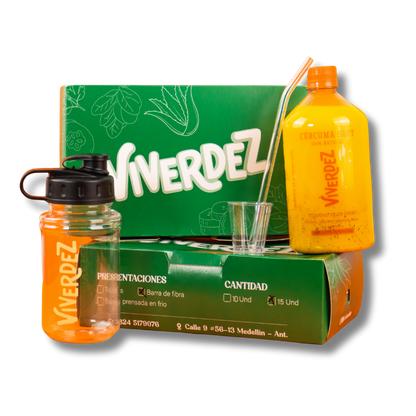 COMBO VERCUR: 1 shot de cúrcuma + copa + 30 jugos verdes + termo