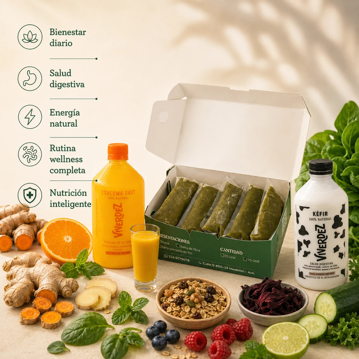 Combo Viverdez shot de curcuma jugos verdes y kefir - detalle