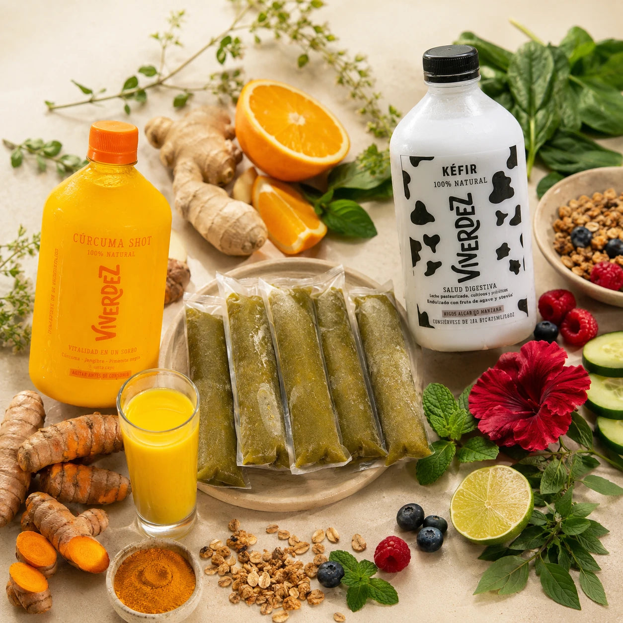 Combo Viverdez shot de curcuma jugos verdes y kefir - vista frontal