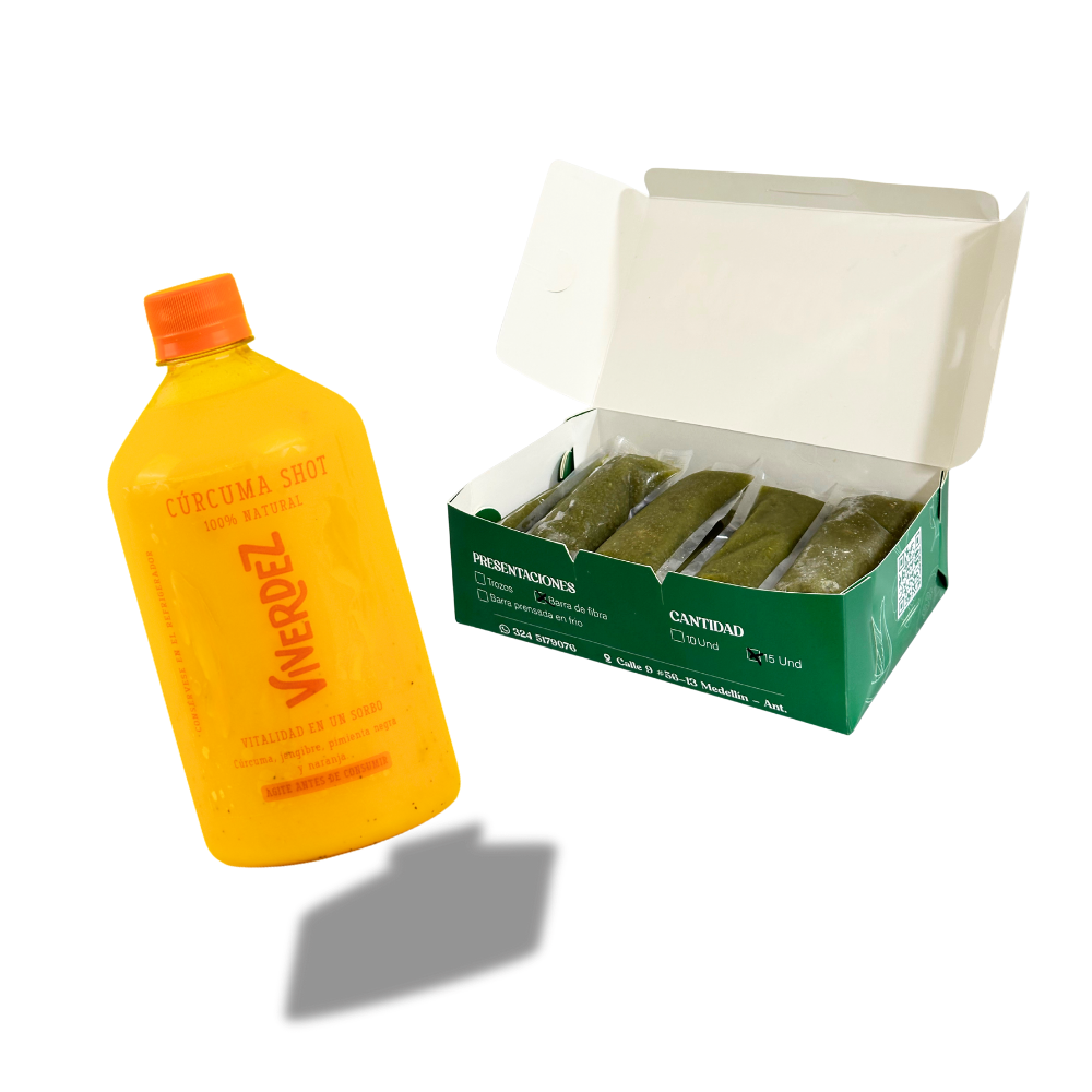 1 shot curcúma + 15 jugos verdes en barrita
