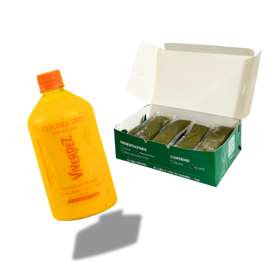 1 shot curcúma + 15 jugos verdes en barrita