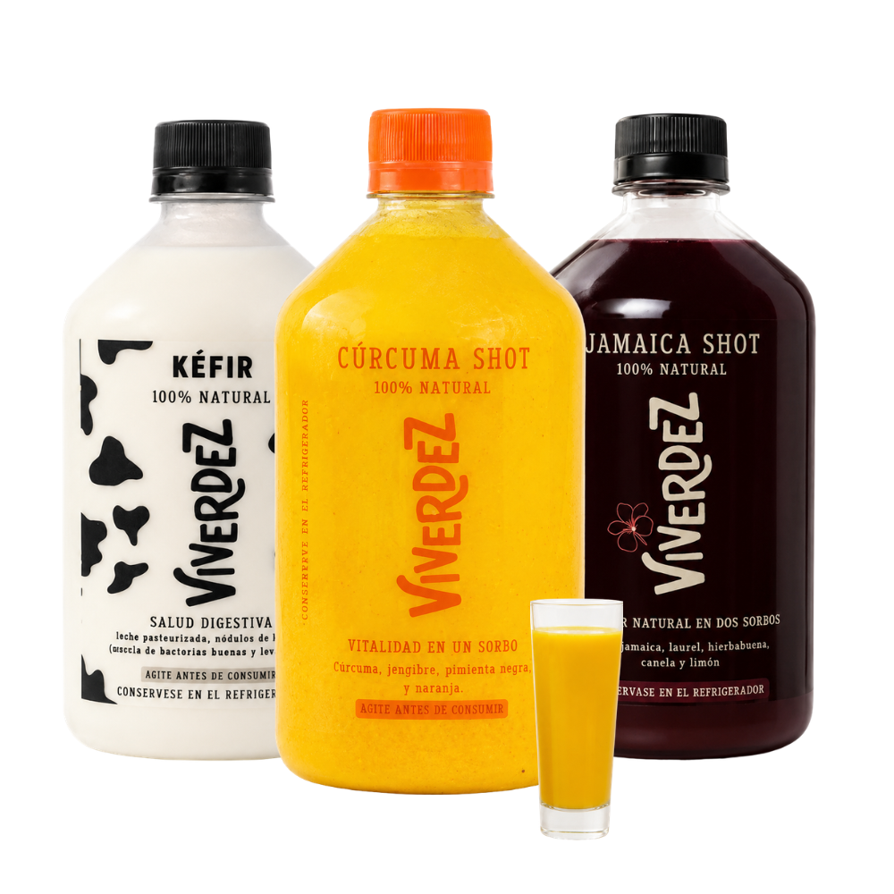 Combo Antiinflamatorio: Shot de Cúrcuma + Kéfir + Shot de Jamaica + Copa