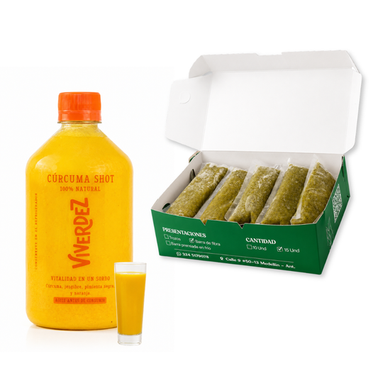 COMBO MINI VERCUR: 1 shot curcúma + 1 copa + 15 jugos verdes
