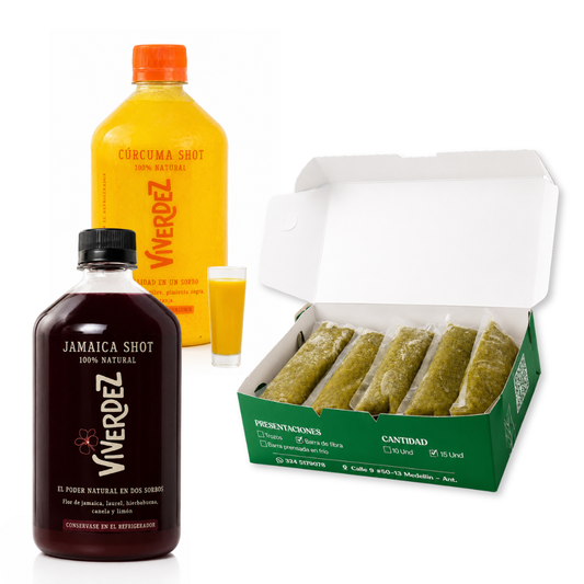 COMBO RENACER: 1 Shot de Cúrcuma + 1 copa + 15 jugos verdes + 1 Shot Flor de Jamaica