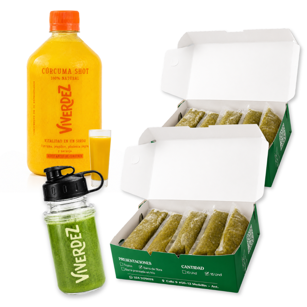 COMBO VERCUR: 1 shot de cúrcuma + copa + 30 jugos verdes + termo
