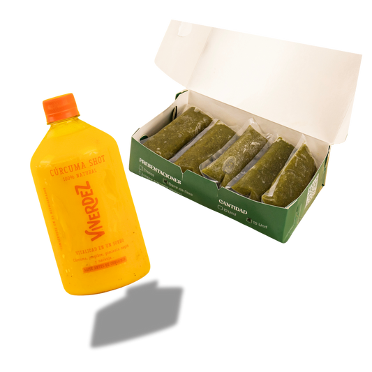 1 shot curcúma + 15 jugos verdes en barrita