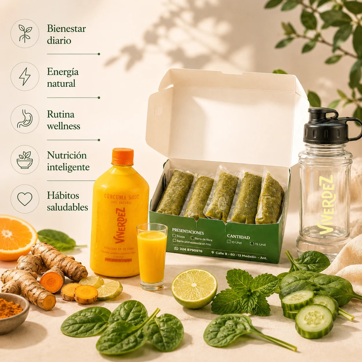 Combo VERCUR Viverdez shot de curcuma jugos verdes y termo - detalle