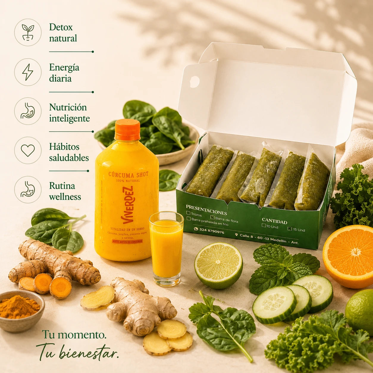 Combo Viverdez shot de curcuma 30 jugos verdes y copa - detalle