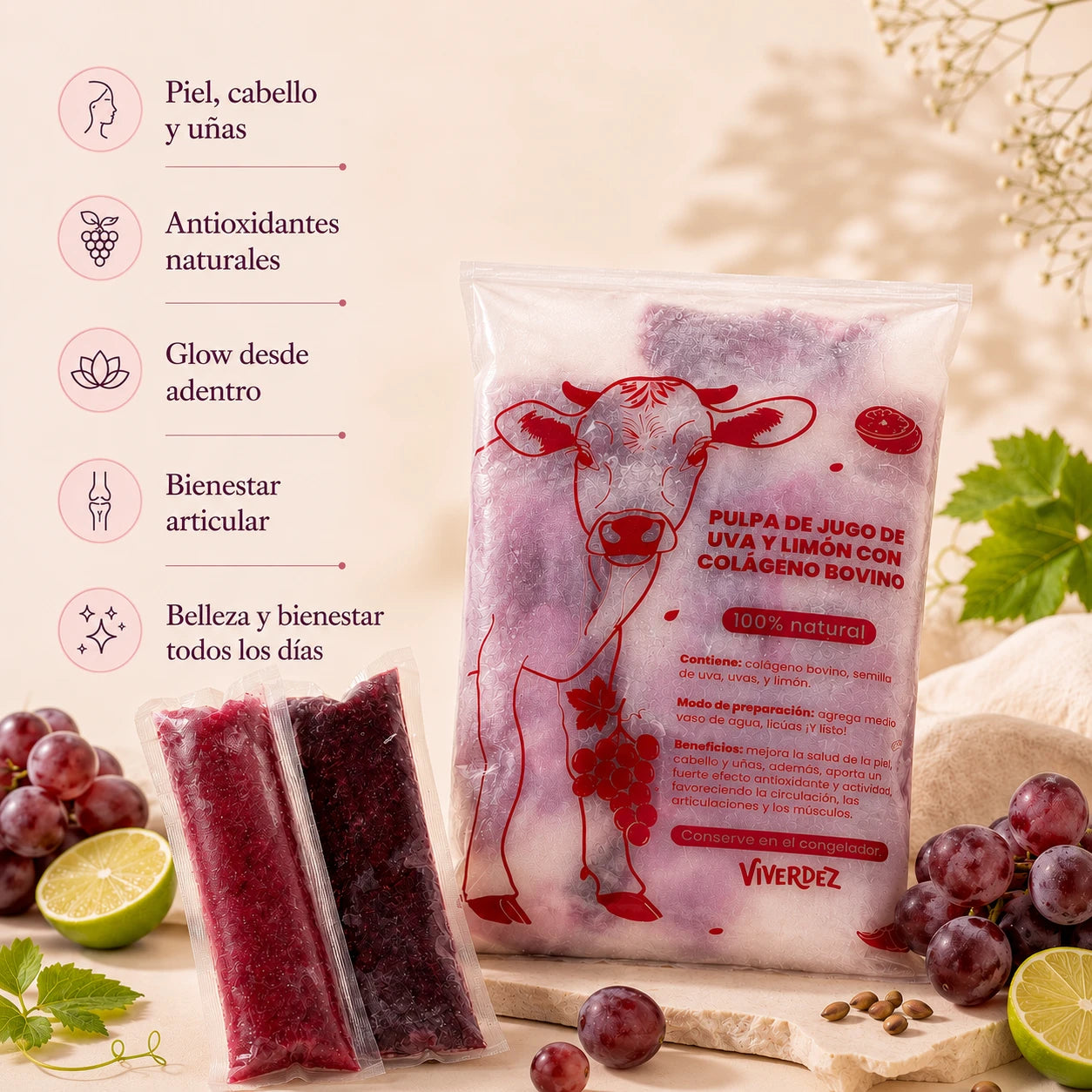 Pulpa de jugo congelada con colageno bovino Viverdez - detalle